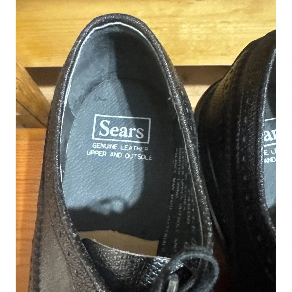 Sears Vintage Dress‎ Shoes Men's 9.5 D Wingtip Oxfords Leather Black Brogue
